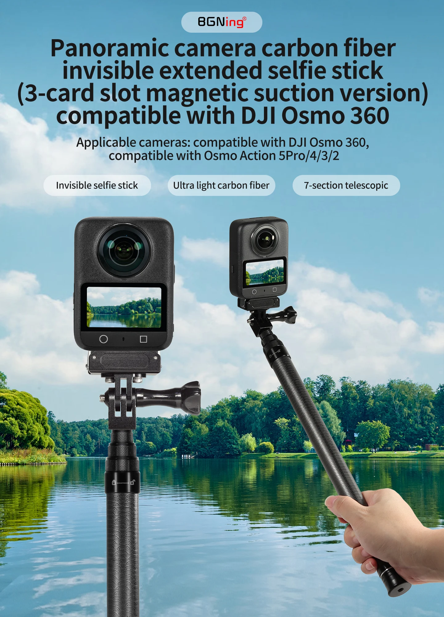 Einziehbares 3M Carbonfaser-Einbeinstativ-Selfie-Stick mit 1/4-Zoll-Stativadapter für Insta360 X6, Magnetic DJI OSMO 360, Pocket4, Action6 Kamera – Detail 3