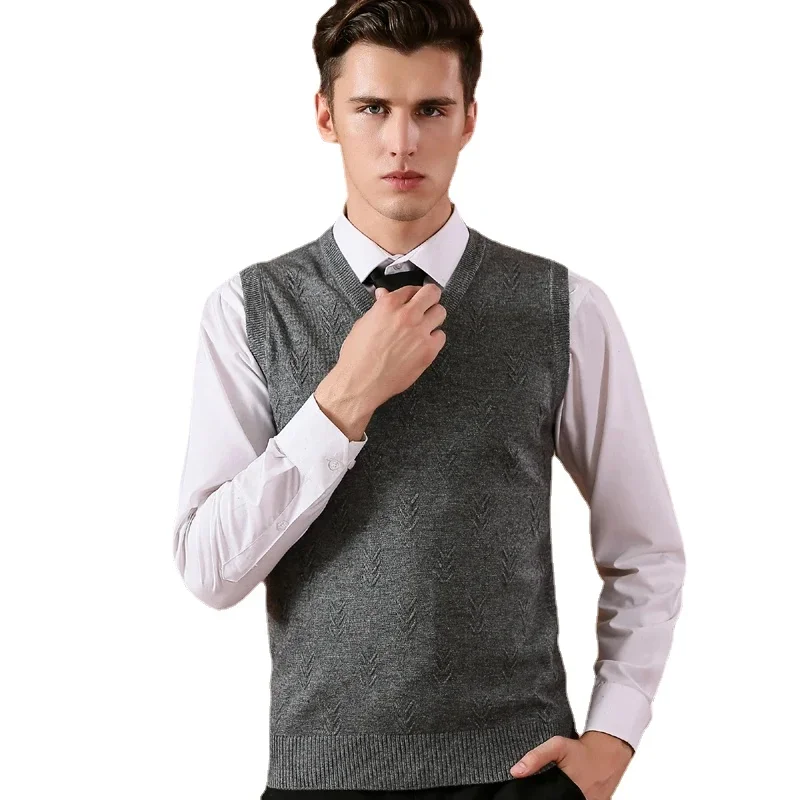 High Quality Solid Color Sweater Vest Men Cashmere Sweaters Wool Pullover Men Brand V-Neck Sleeveless Knitted Men's Vest