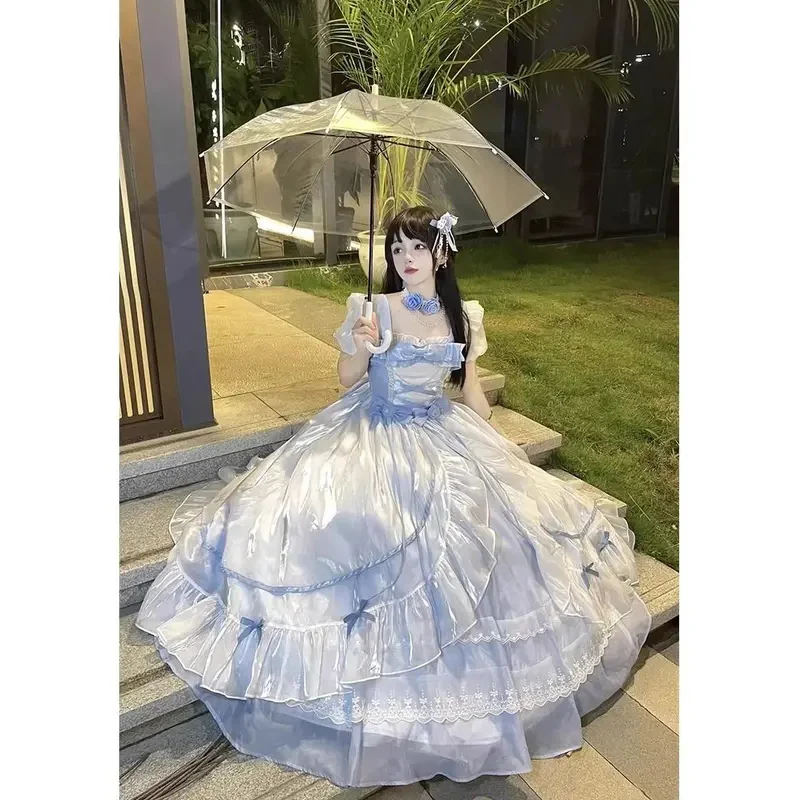 

25COSСинее платье для взрослых, свадебное платье Лолиты с большим цветком, великолепное платье принцессы с пышным хвостом в стиле Лолиты