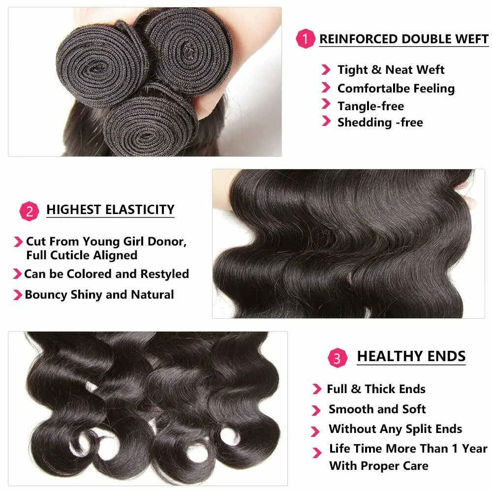 Tissage en Lot Brésilien Naturel Remy Body Wave, Extensions de Cheveux Humains, Noir Naturel, Double Piazza, 8-40 Pouces, 1/3/4 Pièces