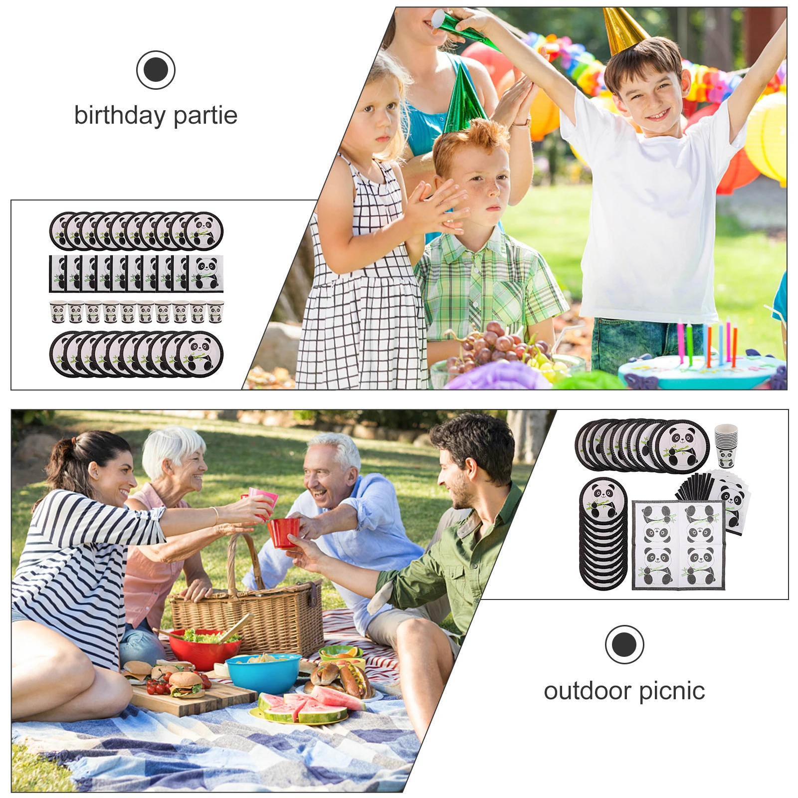 

1 set Tableware Black White Disposable Paper Plates Bowls Cups Napkins Cartoon Party Supplies Kitchen Bar Utensils