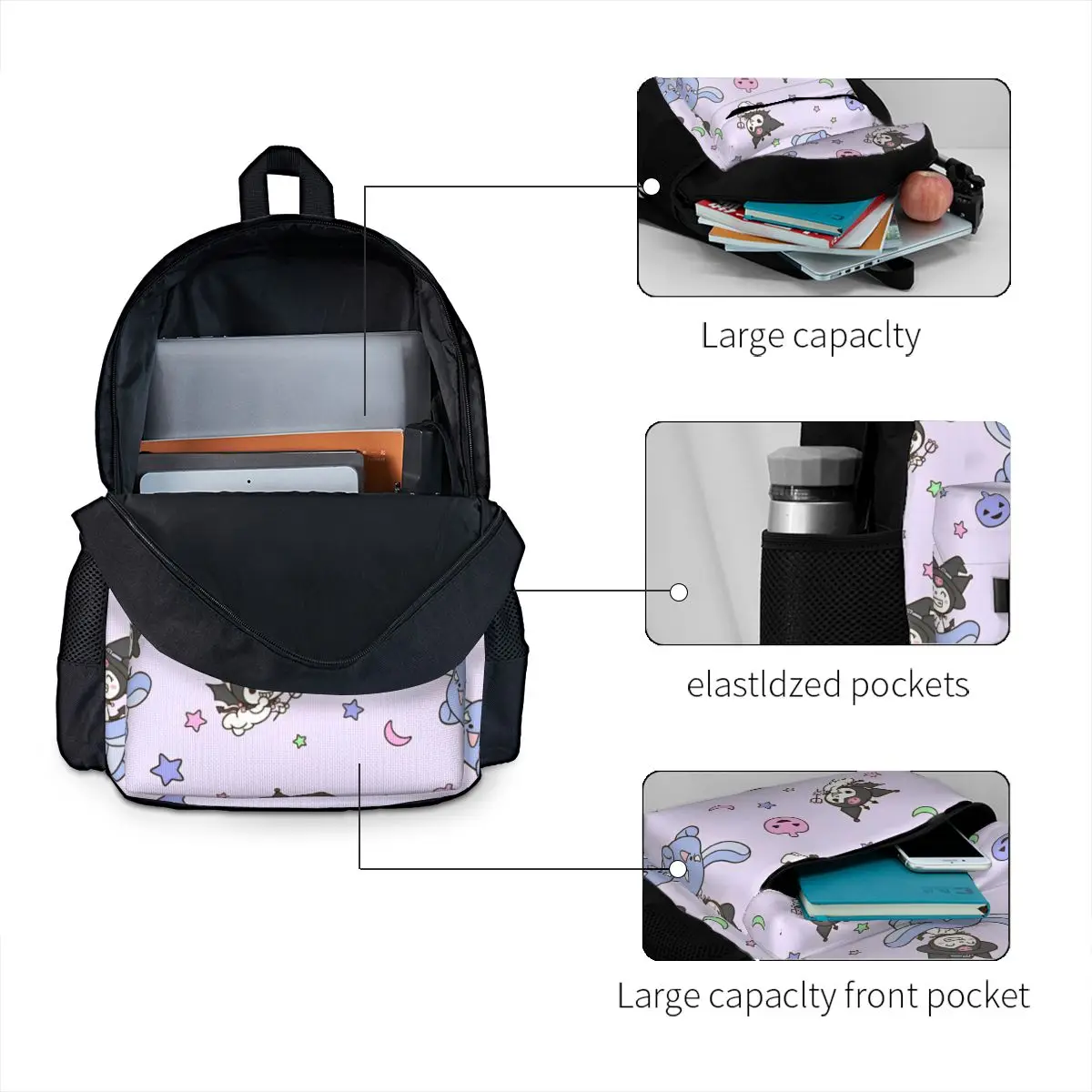 Mochila de dibujos animados Kawaii Black Rabbit para mujer, Bolsa Escolar clásica para niños, Mochila para computadora, Mochila impermeable para adolescentes