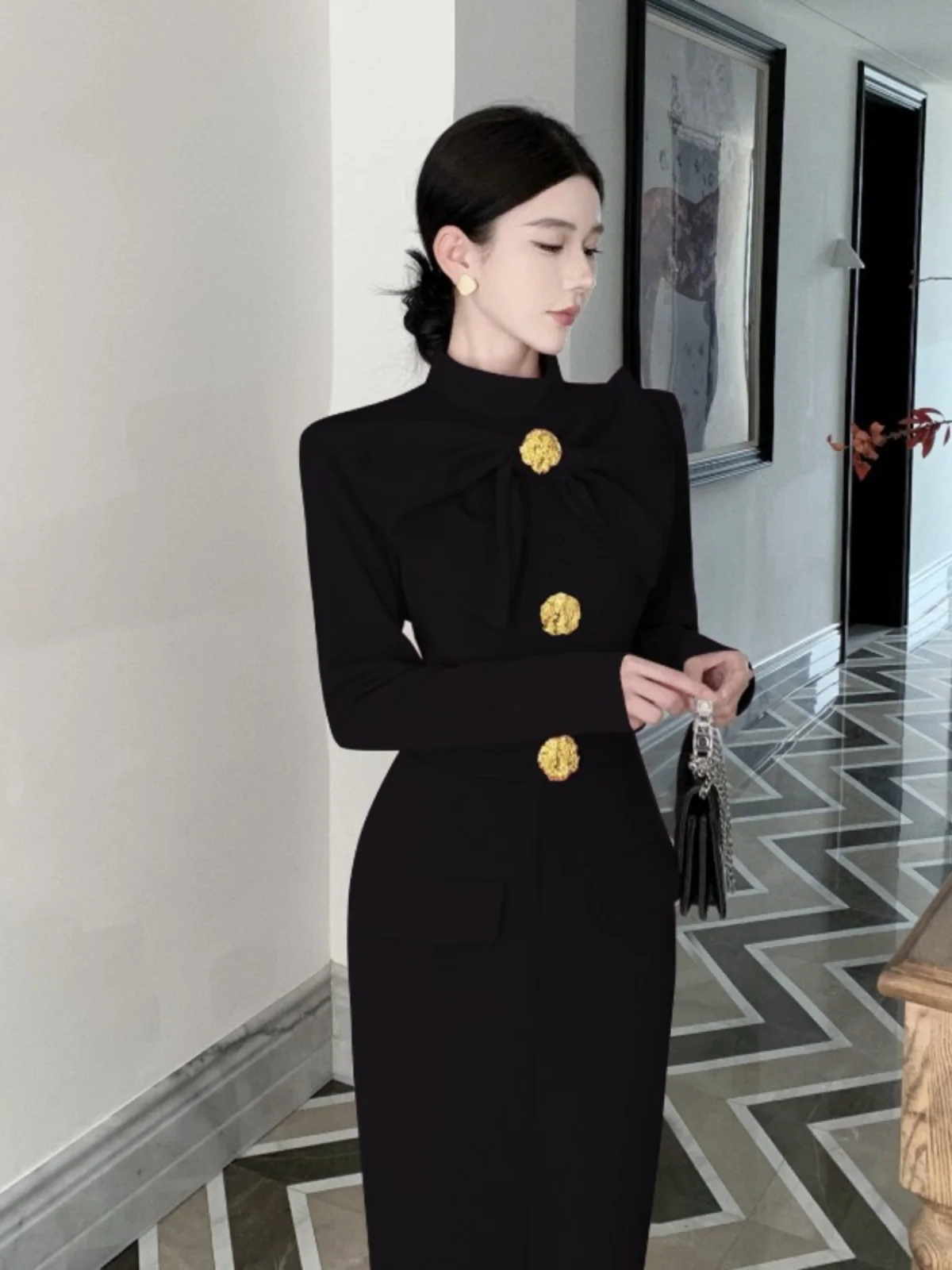 Ele Knot Front Slit Slimming Bodycon Dr Korean Sle A-Line Midi Skirt Long Sve Autumn Winter Faion
