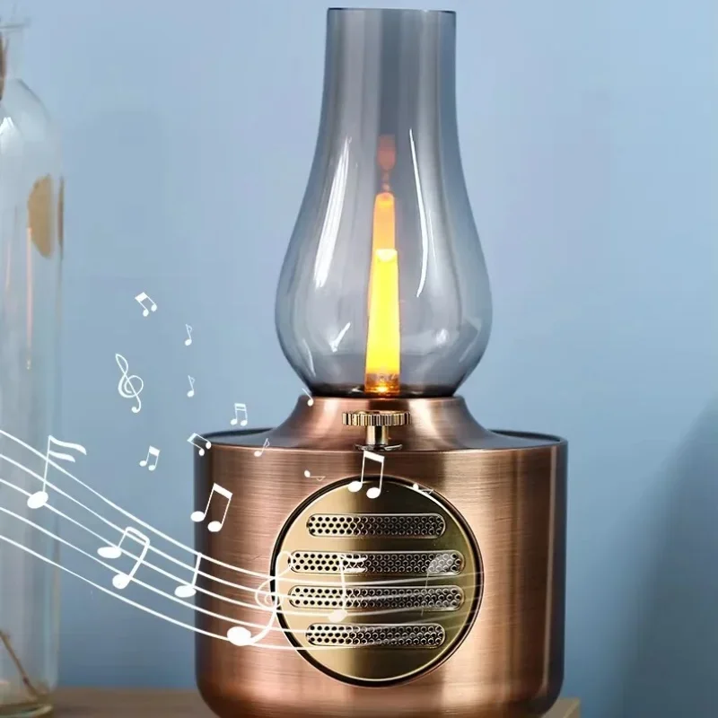 Camping Candle Lights Sound Column Art Deco Home Music Center Vintage Kerosene Lamp Wooden Bluetooh Speaker Portable Sound Box