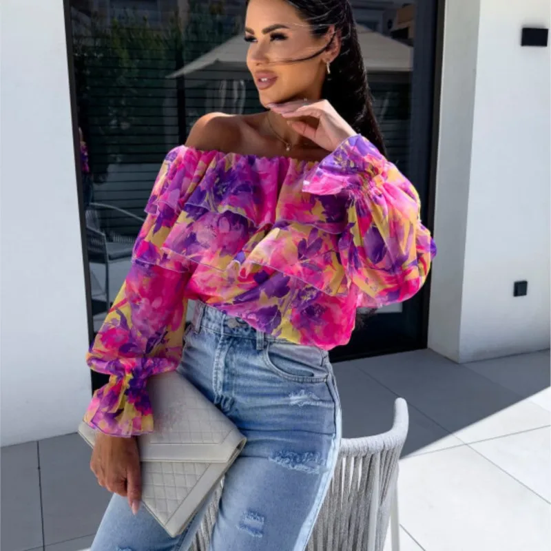 

Sexy Off Shoulder Blouses & Shirts Women 2024 Summer New Cascading Ruffles Flare Sleeve Women Blouse Vacation Beach Party Tops