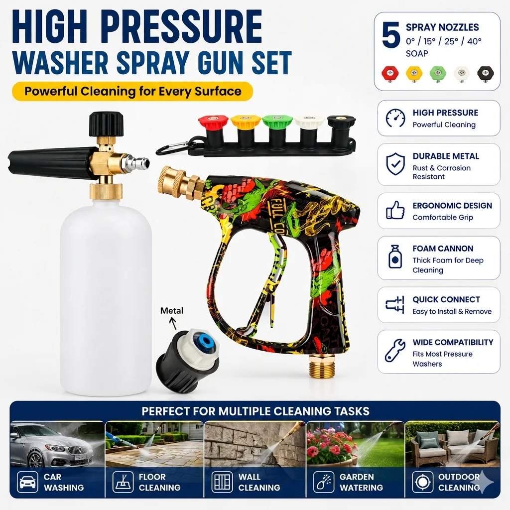 Kit d'accessoires de nettoyage pour véhicules domestiques, pistolet à mousse anti-graffiti avec pot à mousse, 5 buses et connecteur métallique universel Bosch