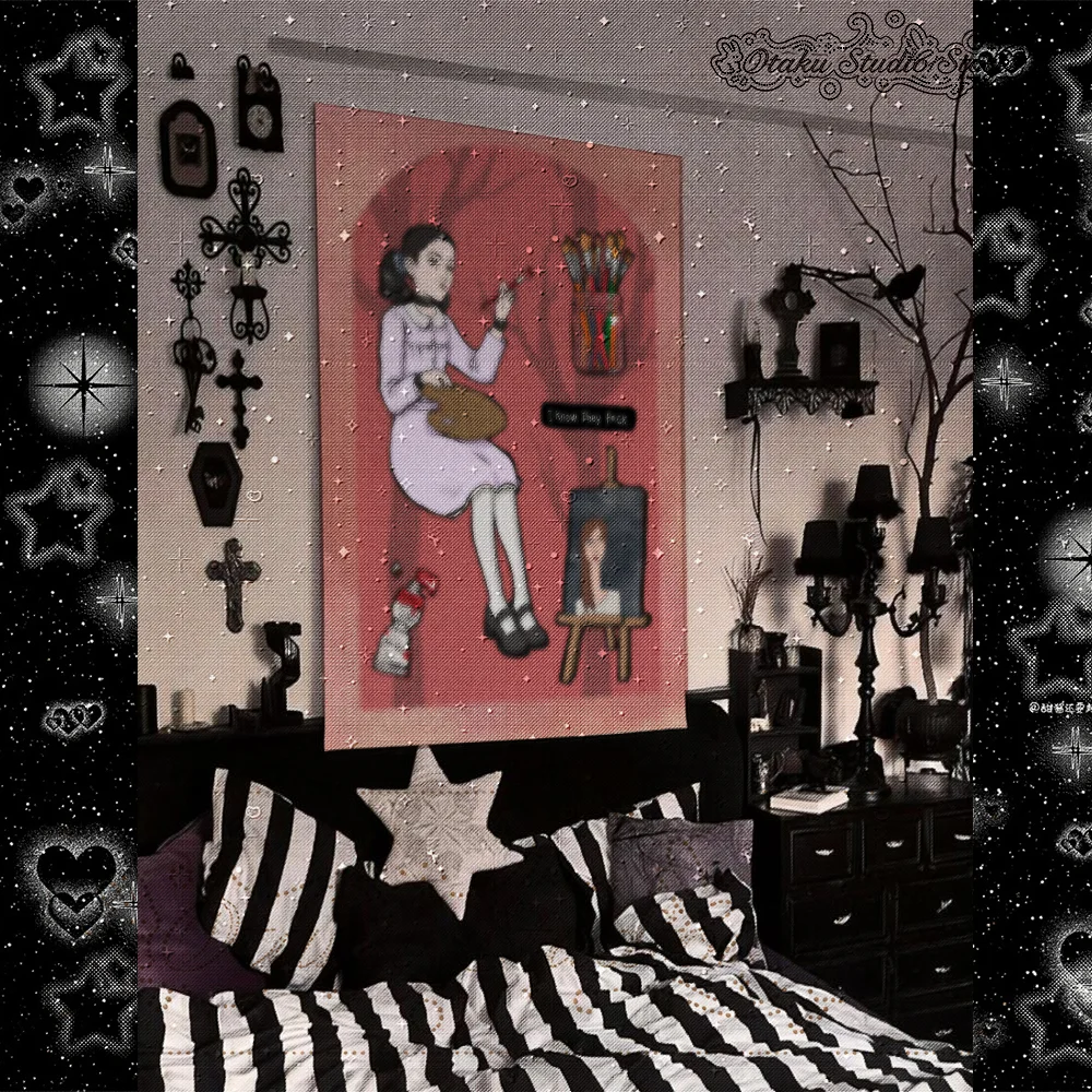 Retro Illustration Artist Girl Tapestry Gothic Room Wall Tapestryあかぬれ Moody Painter Character Tapestry Burgundy Art Wall Hanging