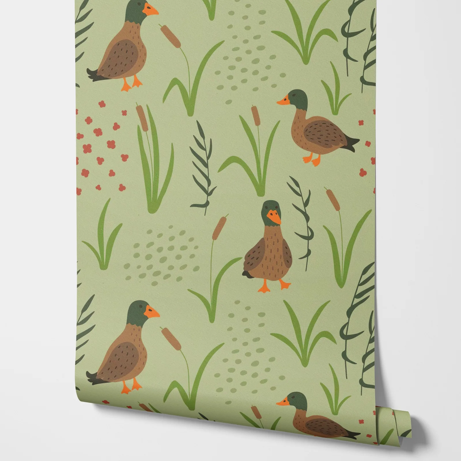 

Ducks and Grass Wallpaper in dusty Green, NurseryHand Drawn Cute Wallpaper, Kids Wall Mural Paper, Peel and Stick Wall paper