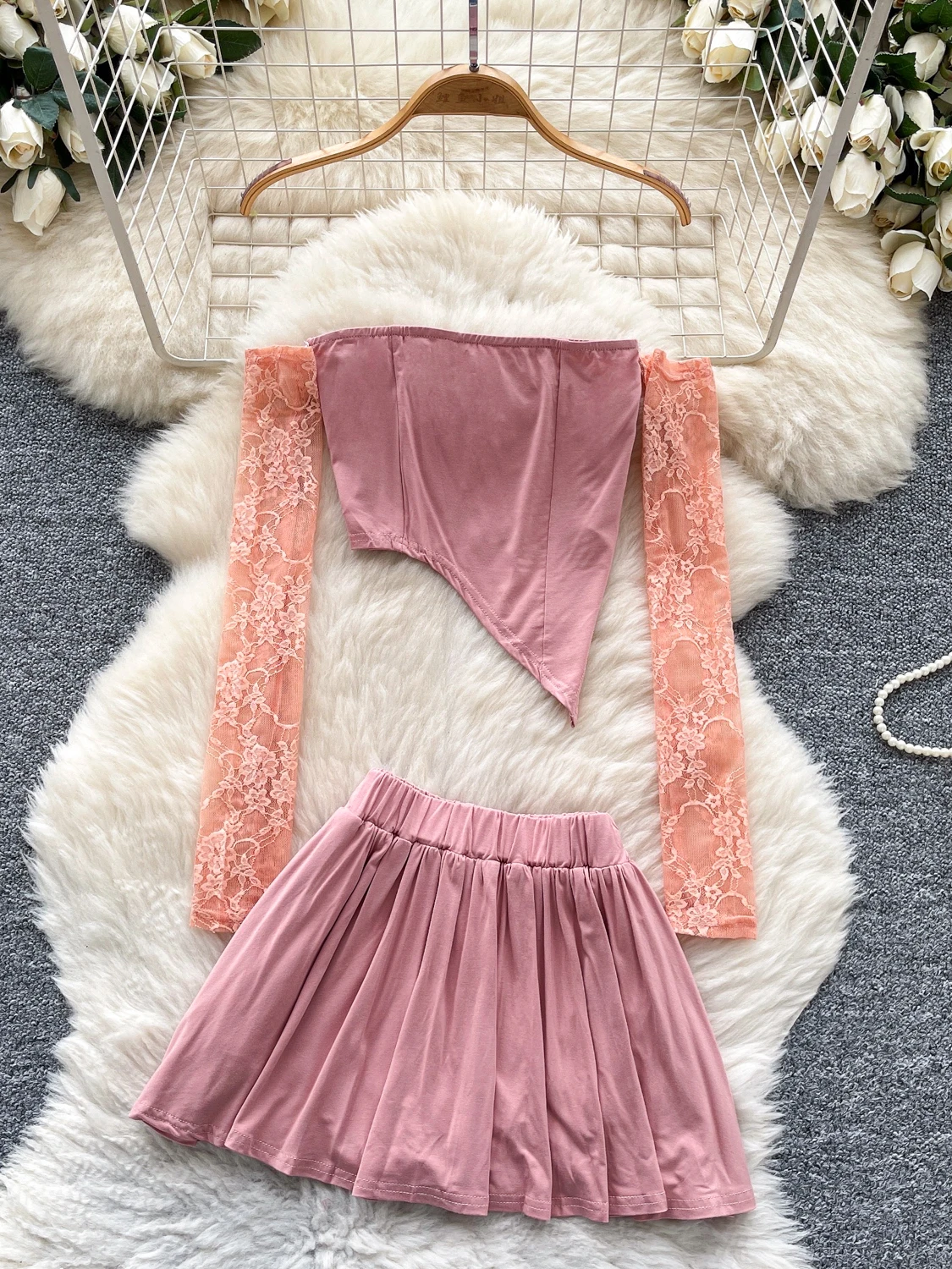 

Pure Desire Summer Lace Splice Asymmetrical One oulder Top High Waist Skirt Set Women's Faion Trendy Outfit