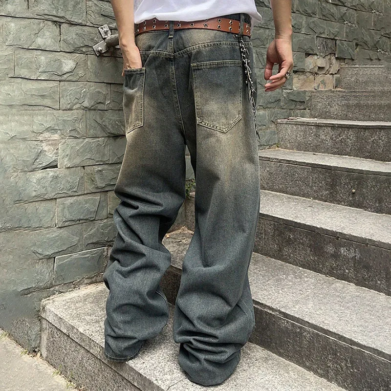 กางเกงยีนส์ทรงตรงสไตล์เรโทรเกาหลีสำหรับผู้ชาย กางเกงยีนส์หลวมๆ สไตล์ลำลอง กางเกงขากว้างสีน้ำเงิน