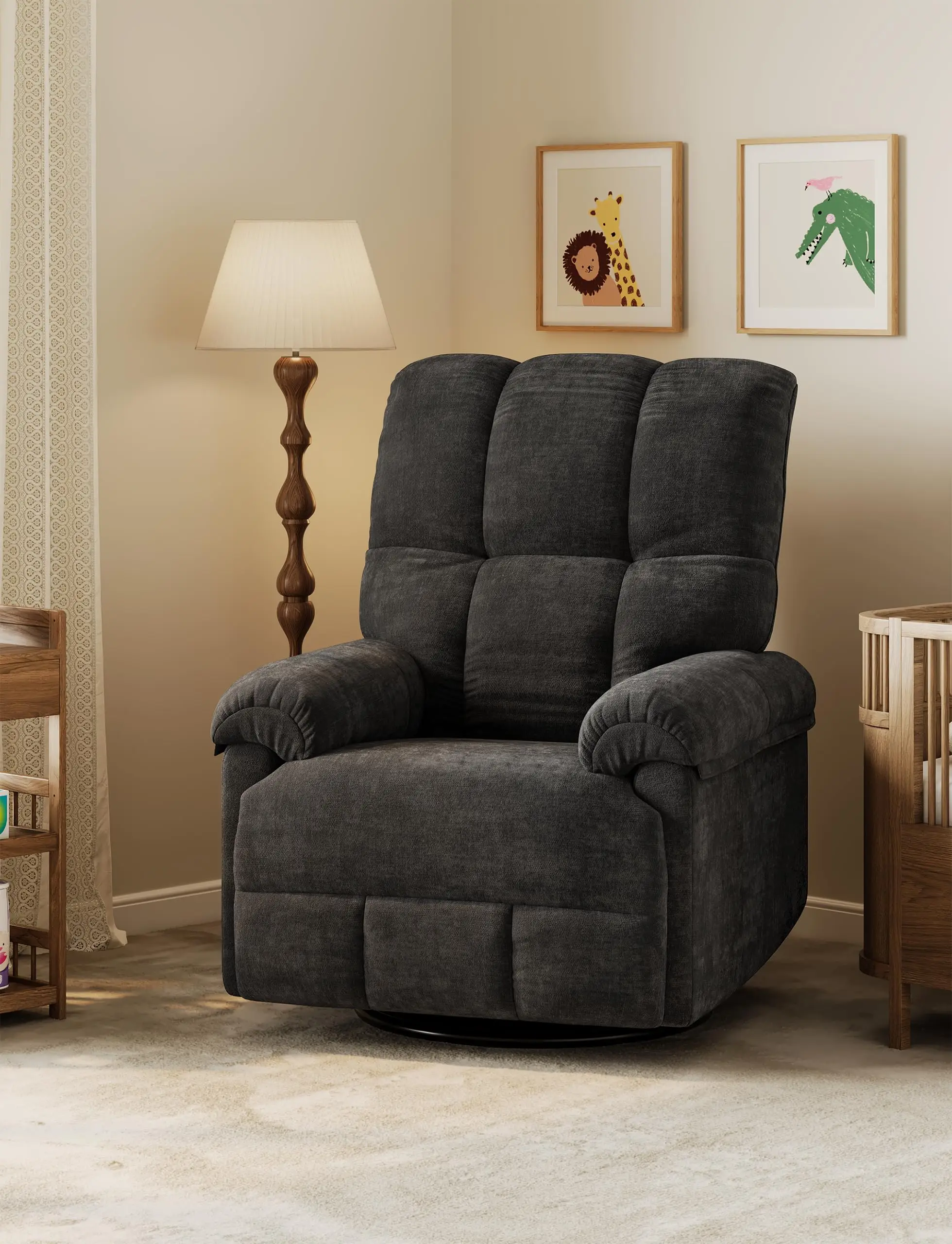 Sillón reclinable de gran tamaño, sillón reclinable basculante giratorio de chenilla suave relleno con reposabrazos acolchados, mecedora cómoda para guardería