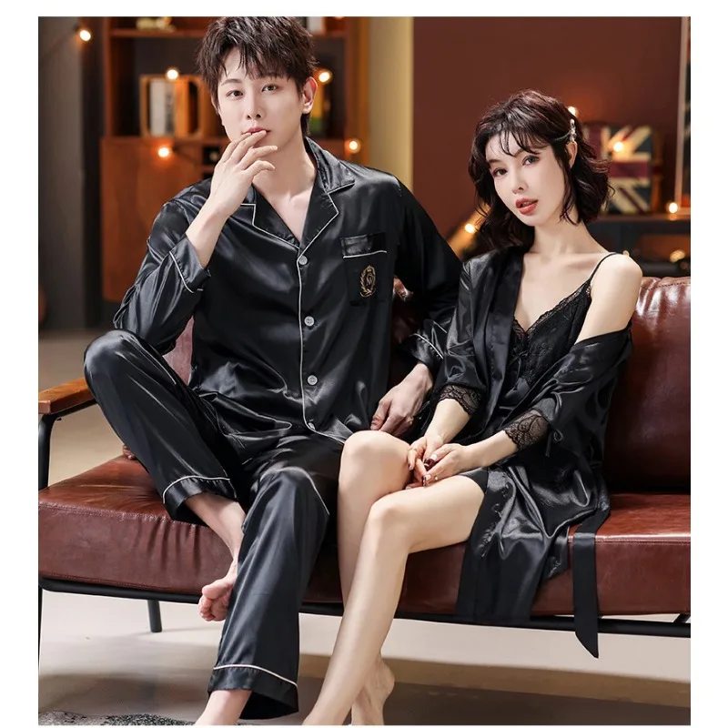 Luxury Couples Pajamas Summer Lingerie Silk Pajama Sets Lace Patchwork Autumn Loungewear Sleepwear Men Women Nightwear Silk Robe