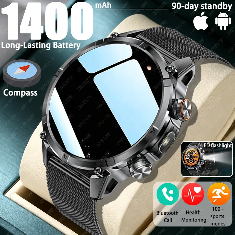 Military 1400 Mah Battery Smartwatch Men LED Flashlight IP68 Waterproof 100+Sports SOS HD Call Fitness Band 1.7" Screen 2026 NEW