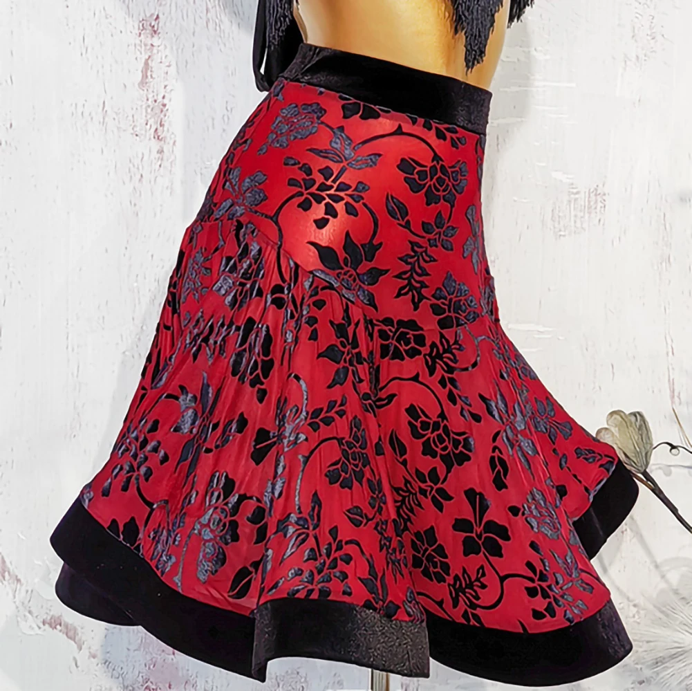 

New Latin Dance Women's Fish Bone Skirt Samba Practice Skirt Printed Practice Tango Flower Flocking Skirt