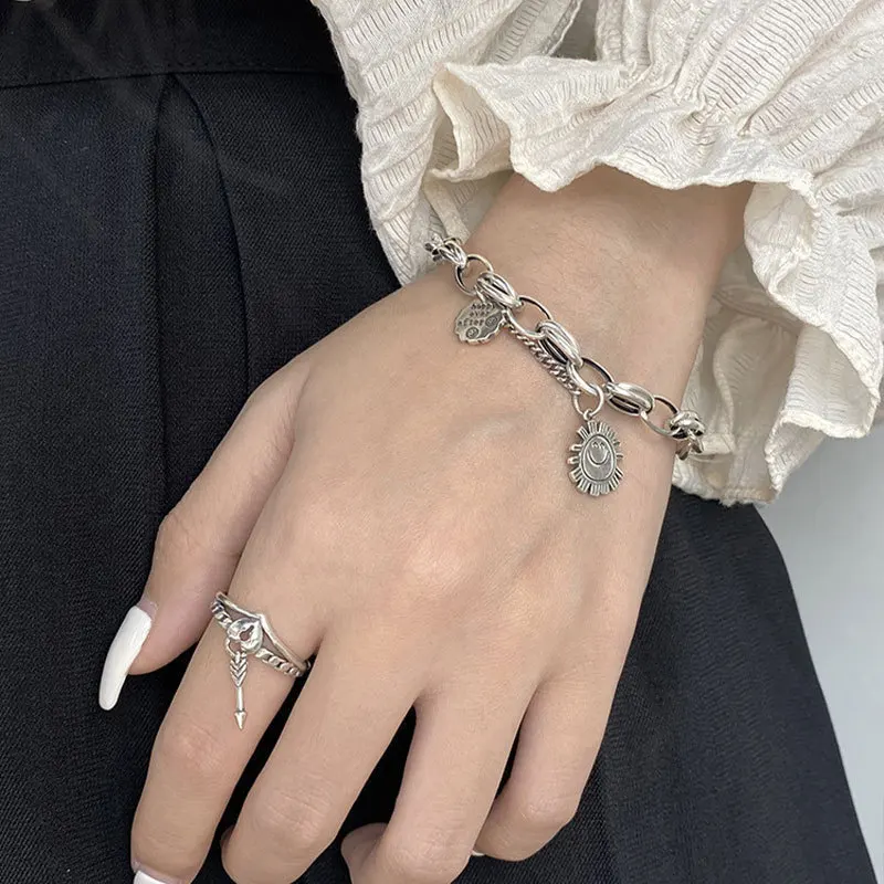 Hot Sell Trendy Smile Face Sun Design Tag Retro Thai Silver Female Charm Bracelet Wholesale Jewelry For Women Christmas Gifts