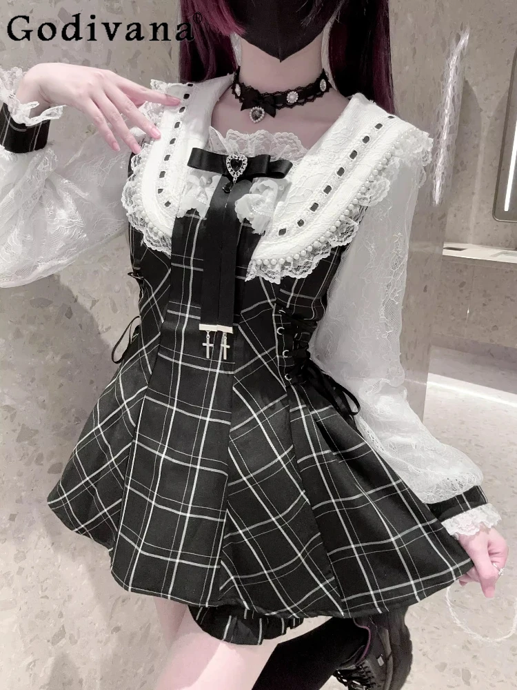 

Japanese Mass-Produced Sweet Dress Set Autumn New Girls' Cute Bow Lace Sailor Collar Princess Lolita Dress Shorts 2-Piece Set