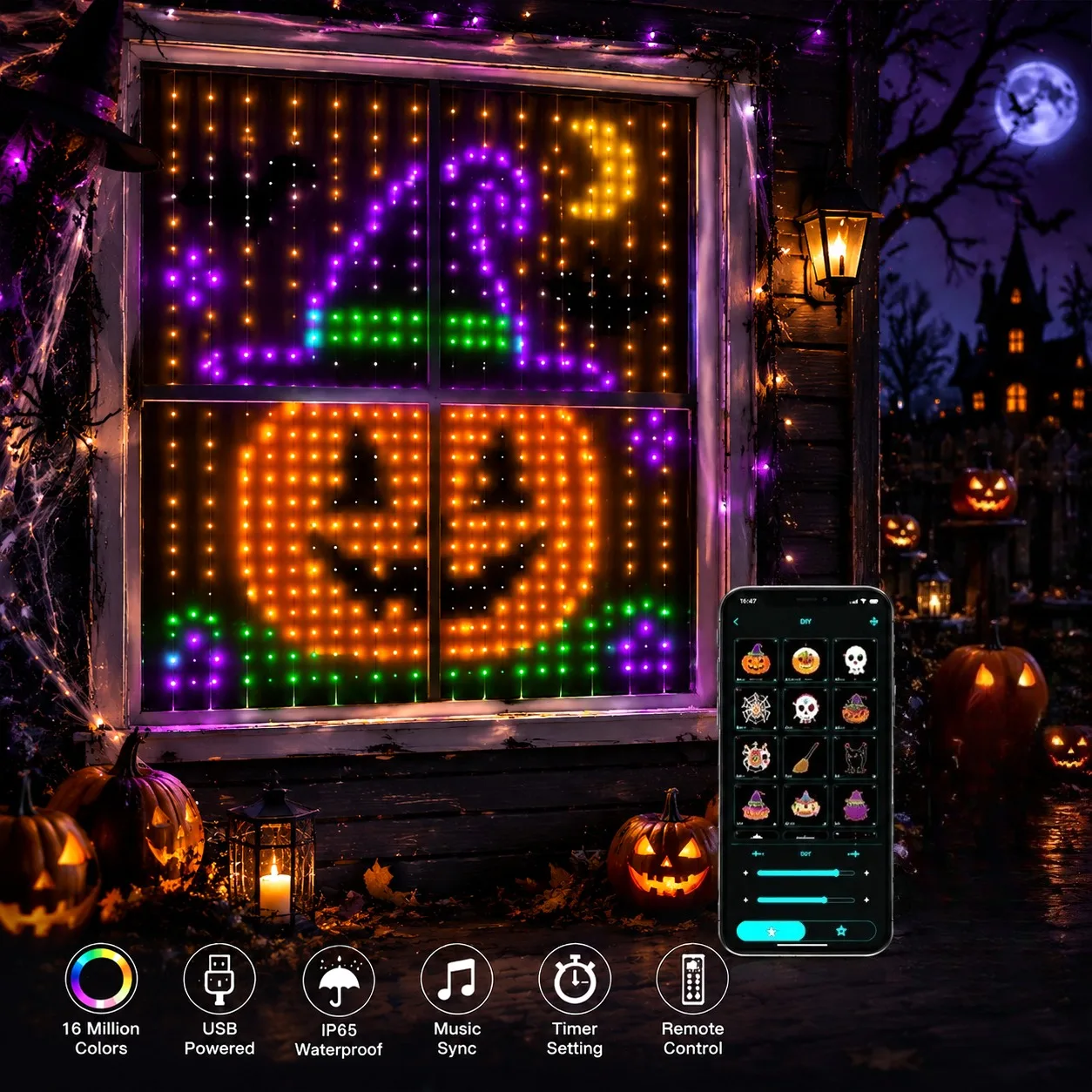 Halloween LED Smart Curtain Lights Waterproof USB Powered Bluetooth APP Multicolor Timer Remote Window Home Decor
