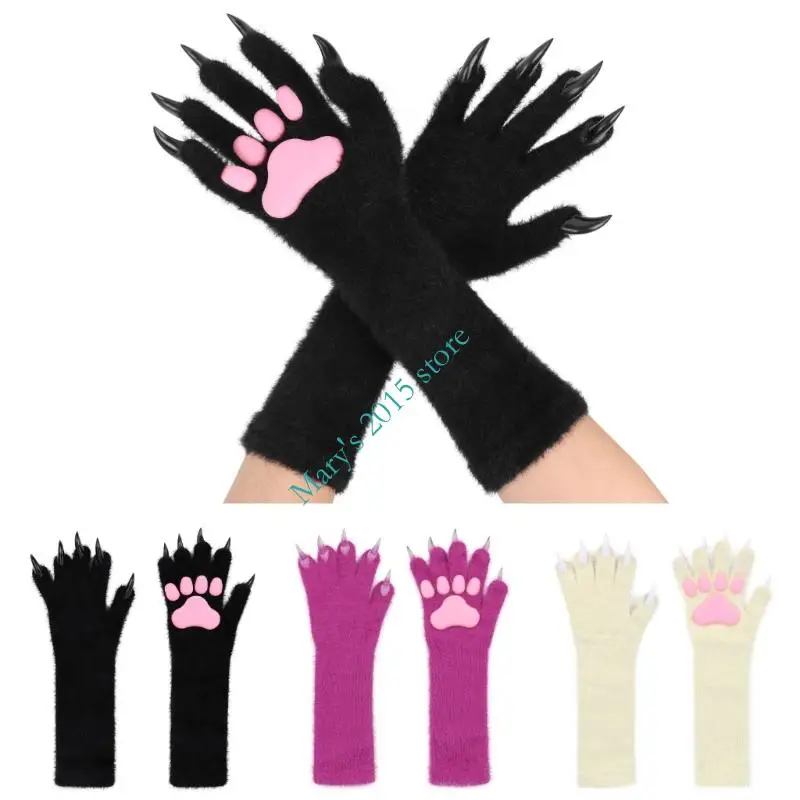 E15F Halloween Silicone Gloves With Faux Lining Plush Pad Nails Cosplay Reusable Costume Accessory For Themed Parties