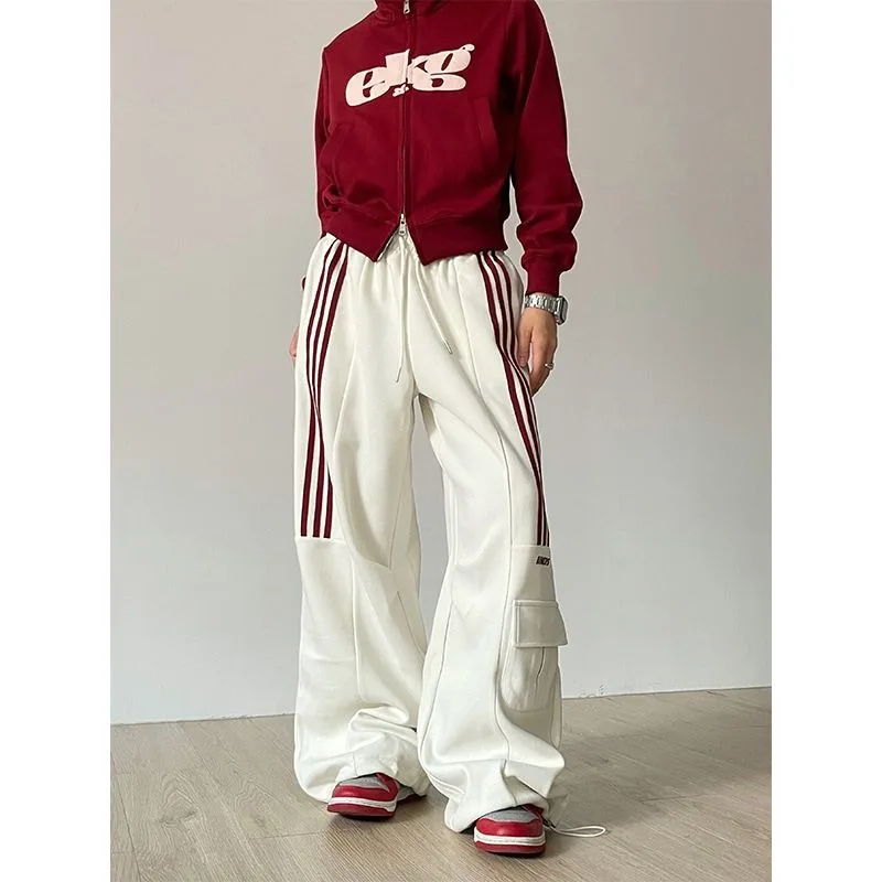 

Vintage Striped High Waisted Drawstring Wide Leg Pants Women Full Length Casual Loose Y2K Sports Sweatpants Korean Streetwear