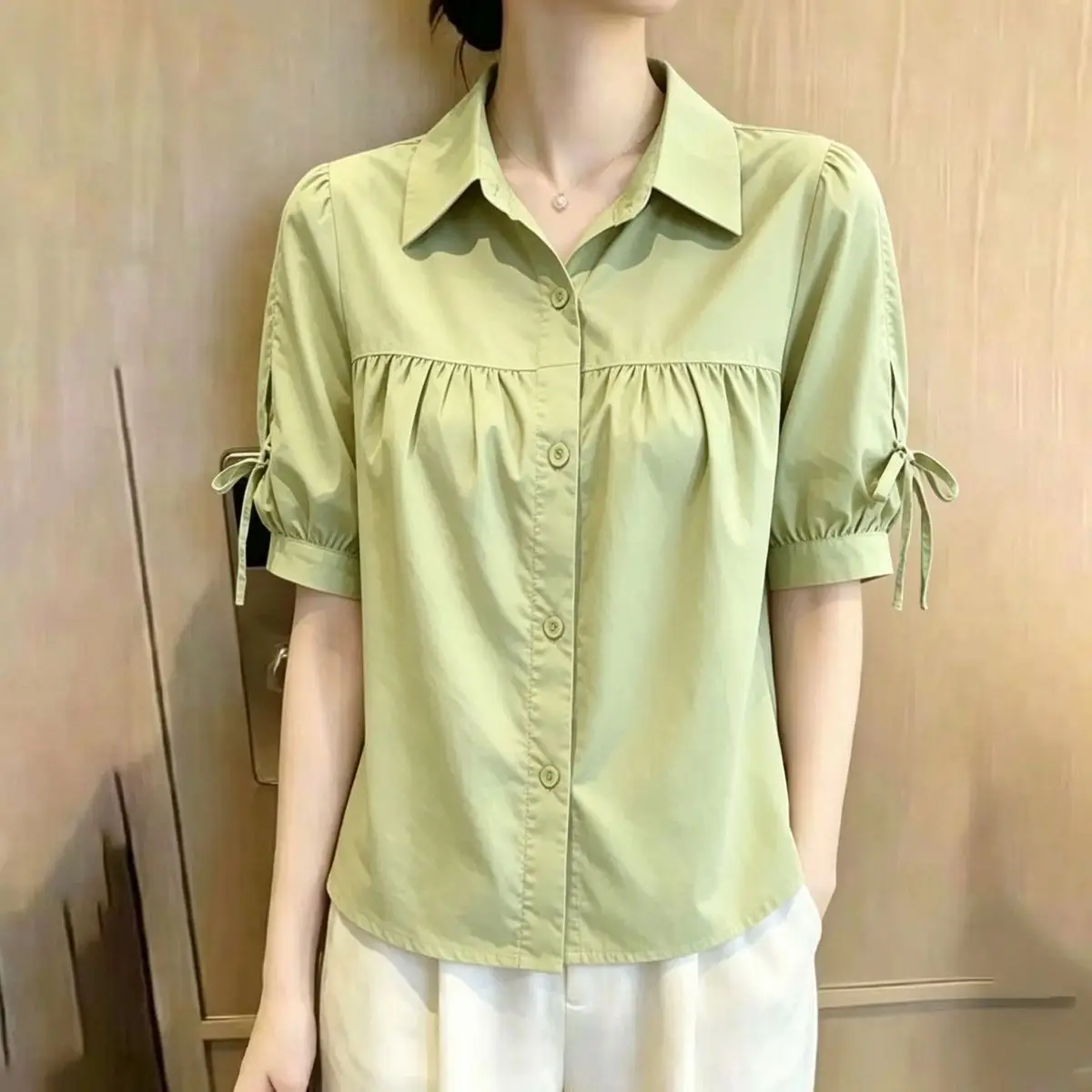 Women's Knot Short Shirt Summer New Loose Fashionable Short Sleeve Thin Stylish Belly Covering Top Collar