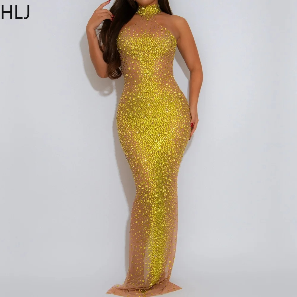 

HLJ Sexy Rhinestone Patchwork Bodycon Dresses Women Halter See Through Backless Dress Female Party Clubwear Vestidos 2025 New