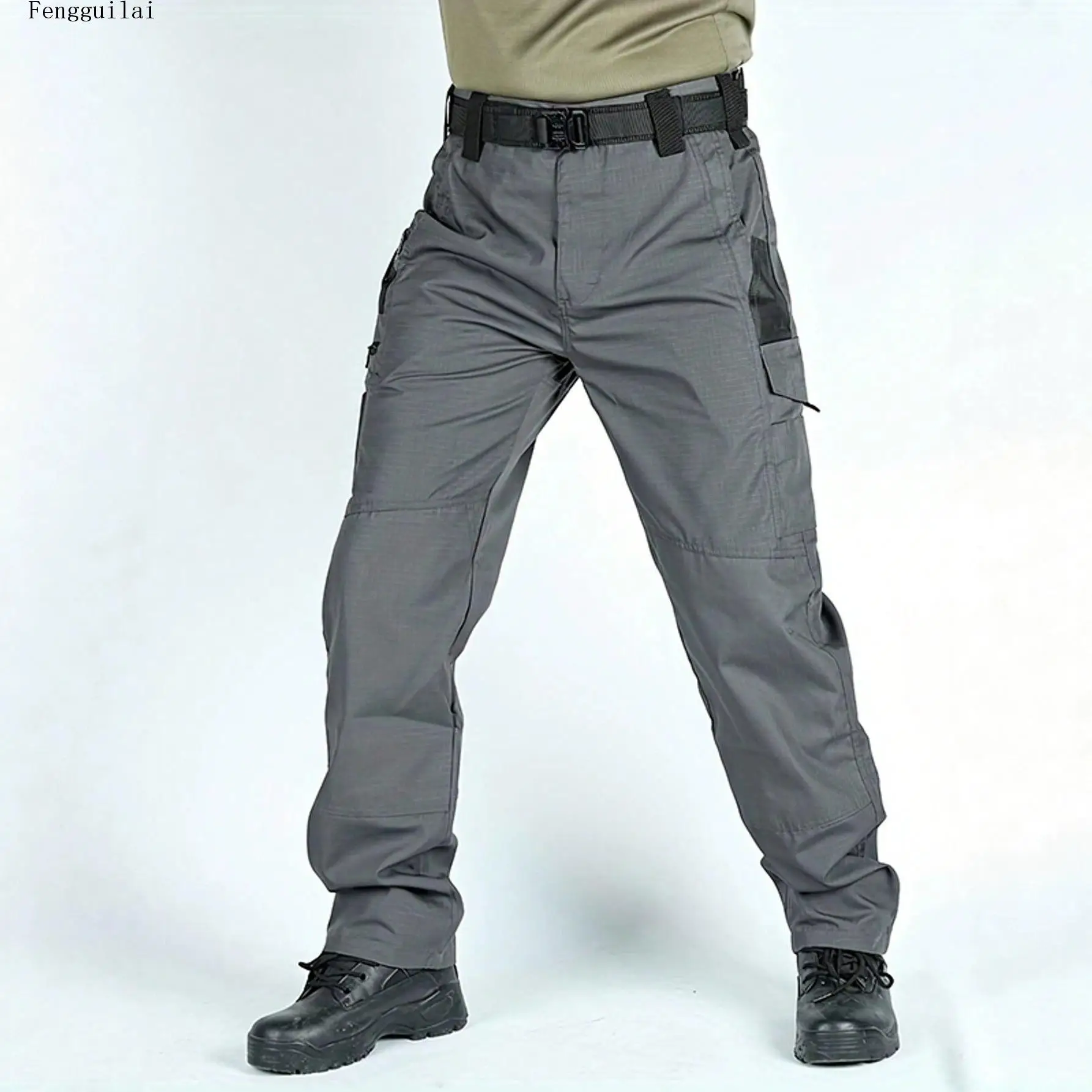 Men Tactical Cargo Pants Ripstop Fabric Multi Pockets Elastic Waist Outdoor Hiking Work Wear Straight Long Trousers