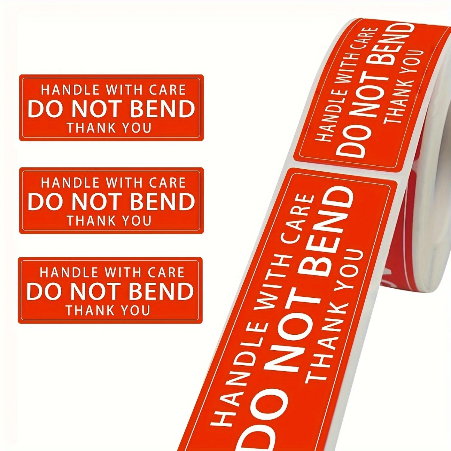 1 rollo, 250 etiquetas, mango de 1 pulgada con cuidado frágil, no doblez, agradecimiento, advertencia, embalaje, etiquetas adhesivas de envío permanentes