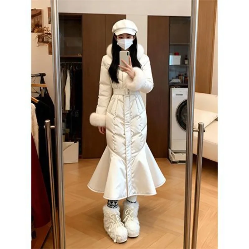 Simple  Casual Versatile Warm Long Fur Collar Splicing Cotton-padded Clothes Women's Winter Fishtail Design Sense Thick Jacket
