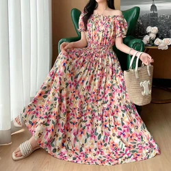 French Romantic Lady's Print Dress Boho Chic Floral Midi Dress Elastic Waist Women's Holiday Dress Casual Elegant Beach Clothes