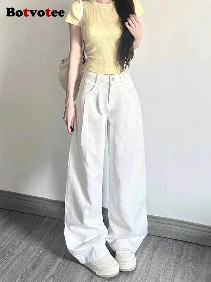 

Botvotee Женские белые широкие джинсы Свободные джинсовые брюки-палаццо с высокой талией и складками