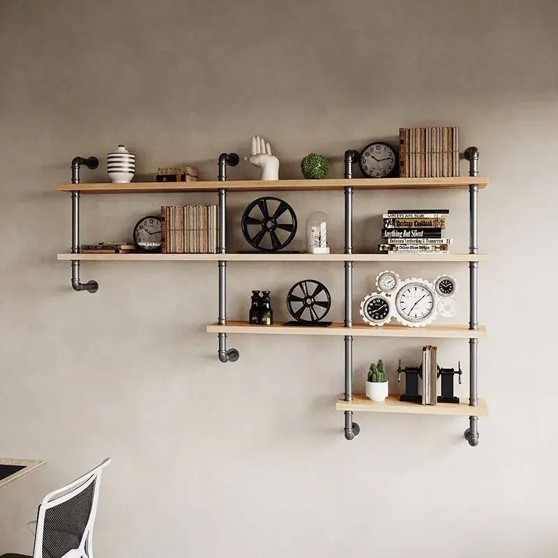 Wrought iron new industrial style bar bookcase ornament rack integrated custom water pipe solid wood wall shelf