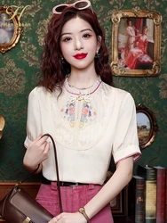 H Han Queen 2024 Summer Elegant Blouses New Korean Style Mesh Embroidery Loose Casual Vintage Shirts Office Wear Work Women Tops