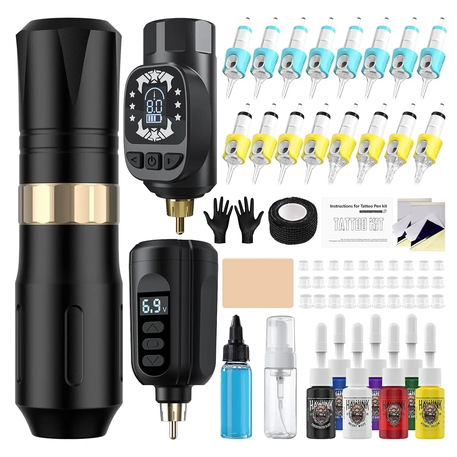 

Wireless Tattoo Pen Kit with 2 Batteries, 16 Cartridge Needles & 7 Ink Colors - Complete Rotary Tattoo Supply
