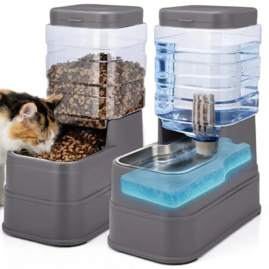 

Набор из 2 автоматических кормушек и поилок для кошек и собак, 1,3 галлона, с гравитационной подачей корма и воды, с охлаждающим элементом, из нержавеющей стали, для сухого корма