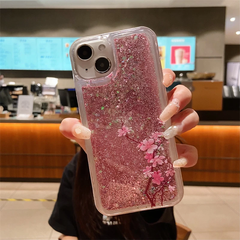 Pink Glitter Quicksand for iPhone 15 Pro Max 13 14 Case Cover Peach Blossom Silicon Coque Liquid Sand Shell Funda Arena Movediza