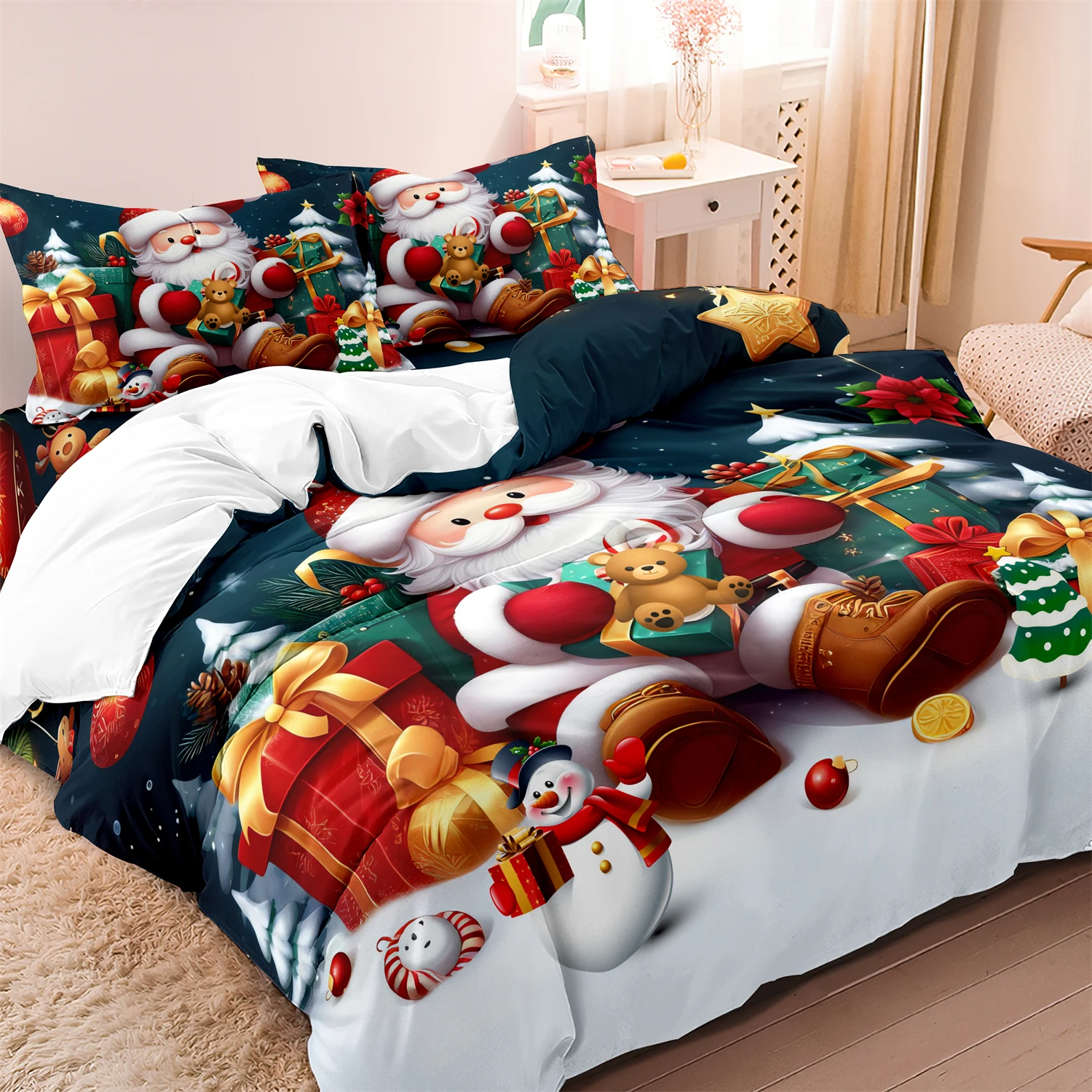 

3pcs Christmas Bedding Set Santa & Snowman Print Duvet Cover Breathable Polyester Christmas present 1 Duvet Cover 2 Pillowcases