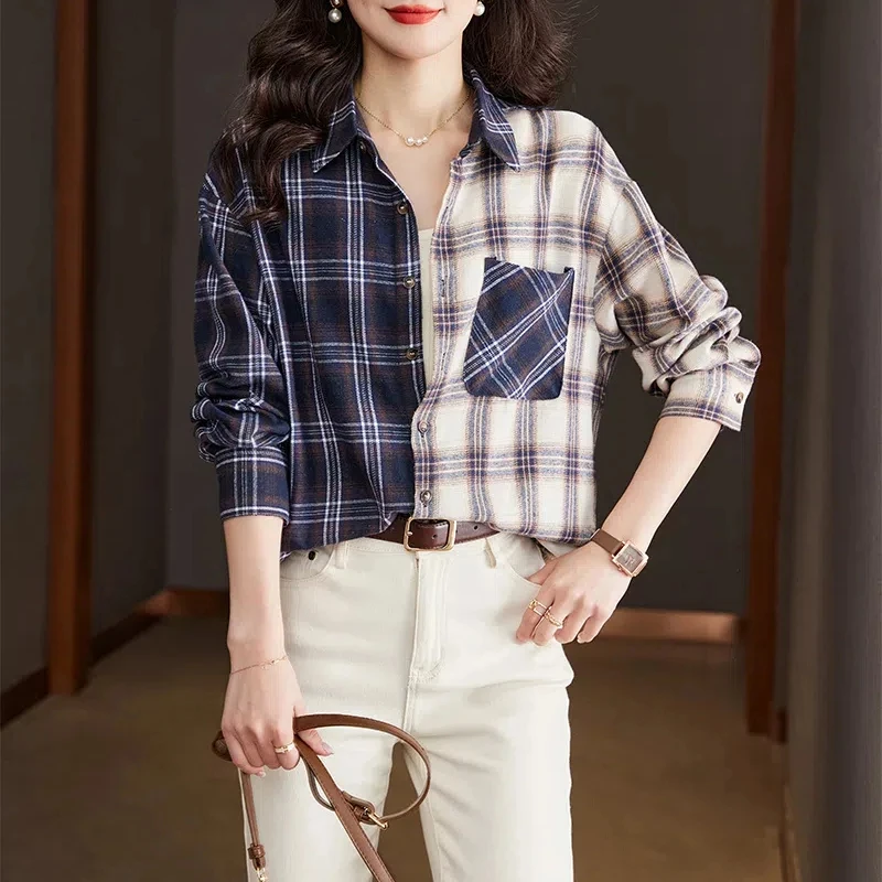 Contrast Color Turn-down Collar Button Up Long Sleeve Plaid Cardigan Casual Shirt Fashion Women\'s Clothing Spring Autumn Tops