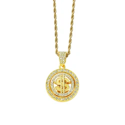 Hip Hop New Bling Rhinestone Dollar Pendants Necklace Rotatable US Dollar Money Sign Necklaces Men Hiphop Rap Rock Jewelry Gift