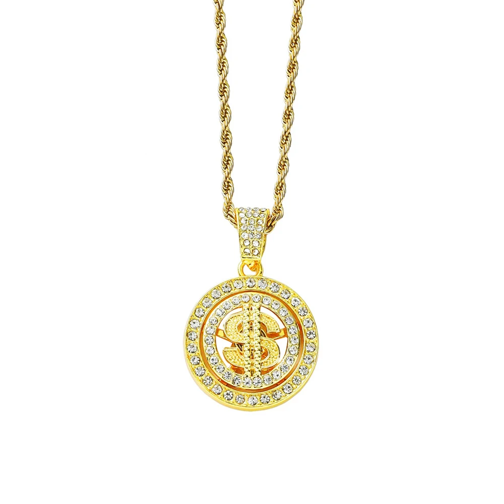 Hip Hop New Bling Rhinestone Dollar Pendants Necklace Rotatable US Dollar Money Sign Necklaces Men Hiphop Rap Rock Jewelry Gift