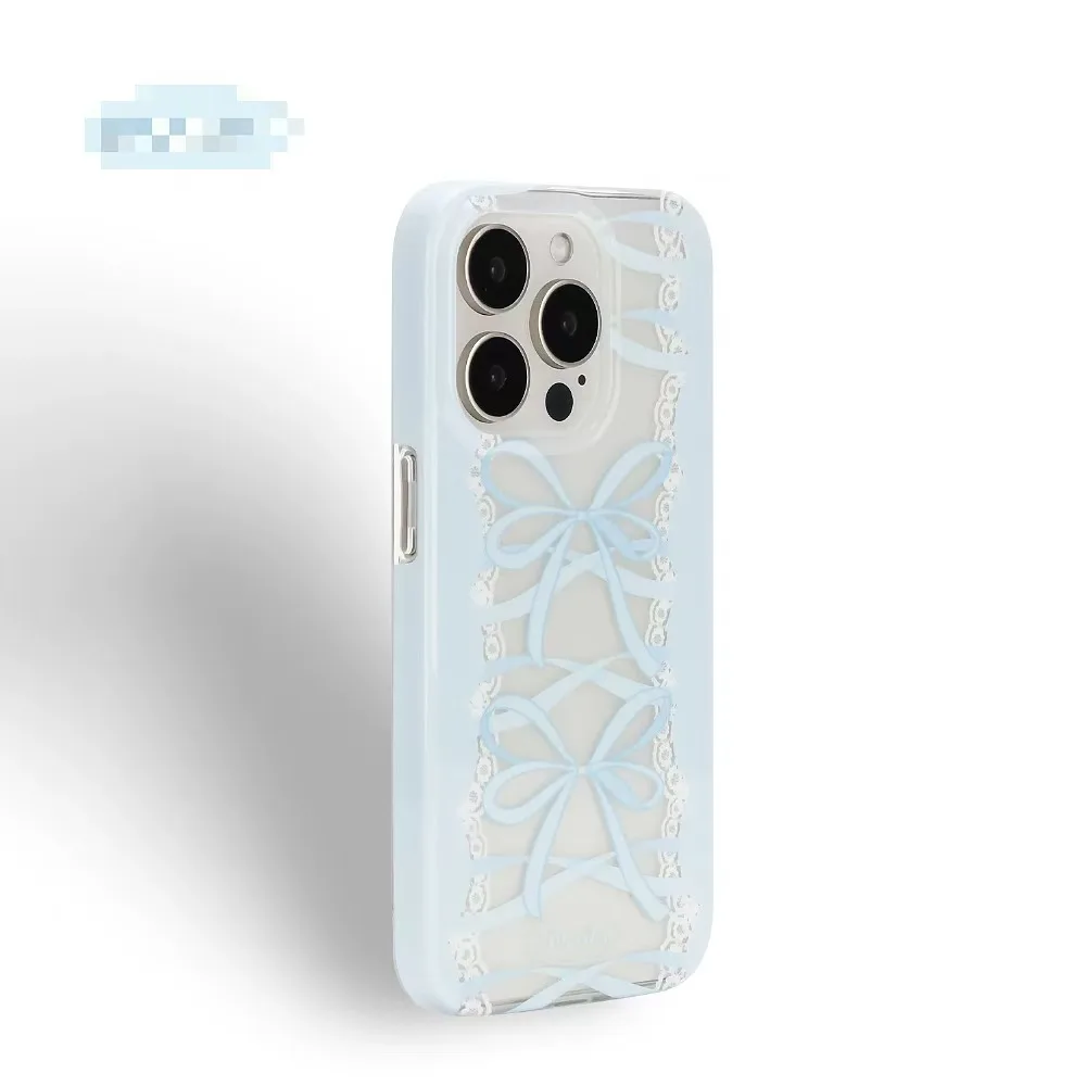 Blue lace edge bow mobile phone case, suitable for iPhone, glossy double-layer hard case