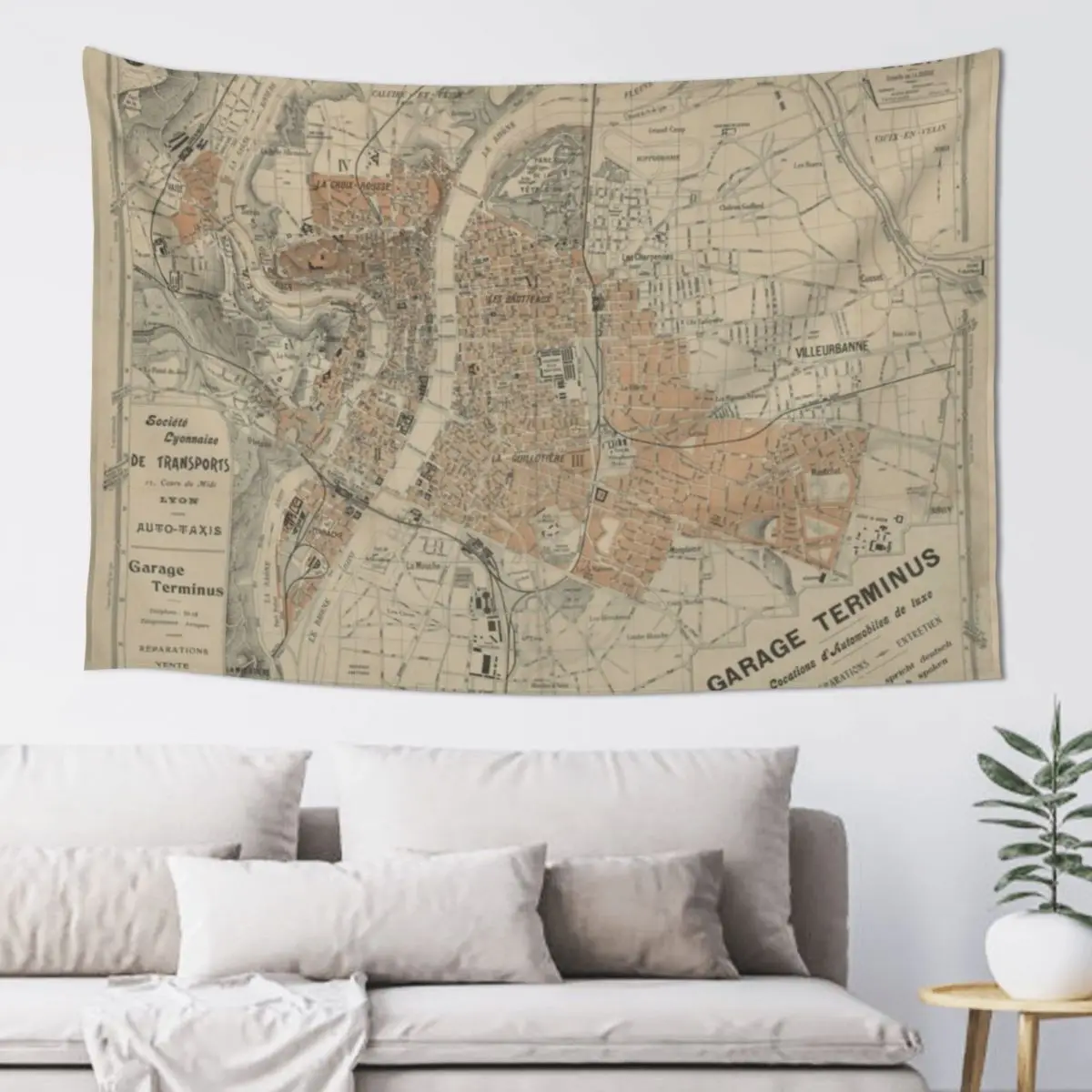 

Vintage Map of Lyon France (1910) Tapestry Decoration For Home Room Decorations Korean Room Decor Tapestry