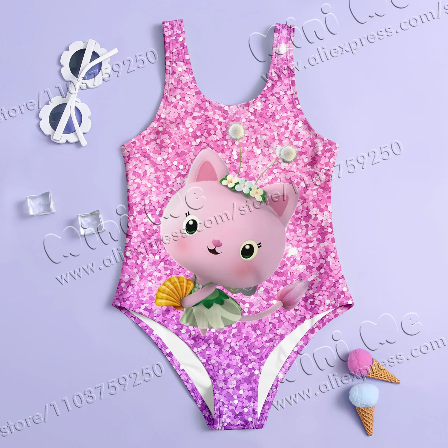 MINISO Girl Summer One-Piece Swimsuit Fashion Cartoon Gabby Dollhouse sequin Series Print Women Swimwear Sleeveless Clothing