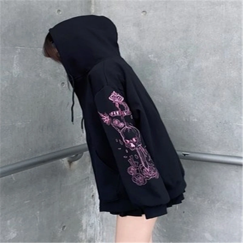 Women\'s Pink Pattern Print Zipper Hoodie Y2k Clothes High Street Long Sleeve Sweatshirt 2024 Winter Darkness Vintage Cool Jacket