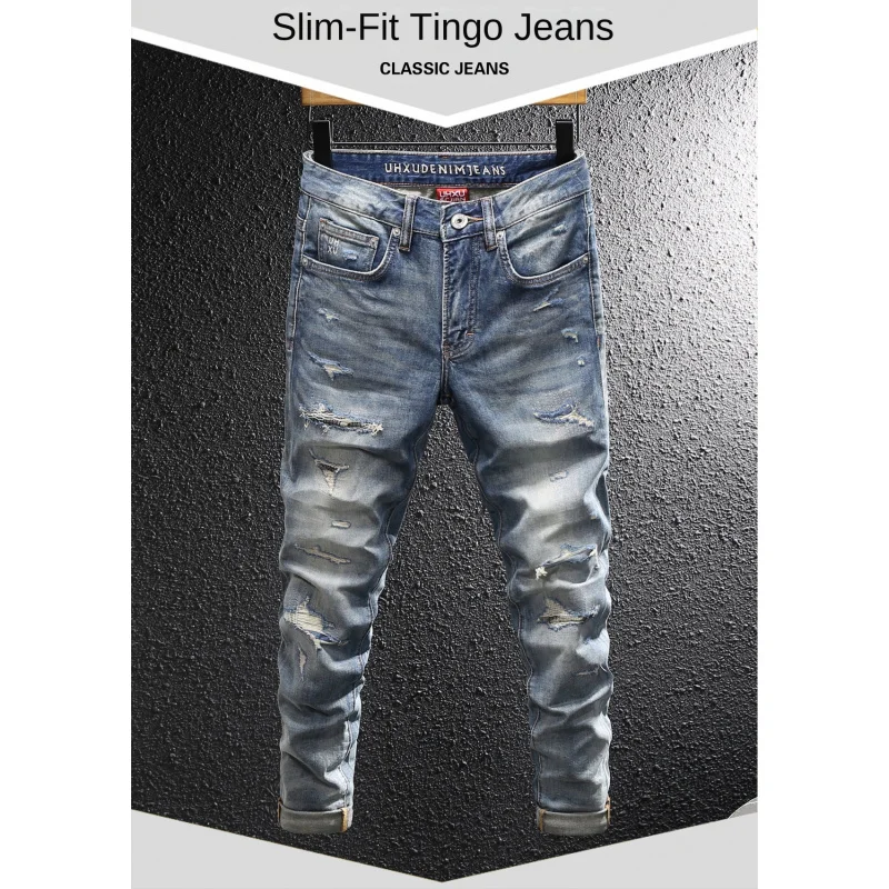 casual vintage Summer New High-End Retro Jeans Men American Style Trendy Ripped Patched Stretch Straight Nine-Point