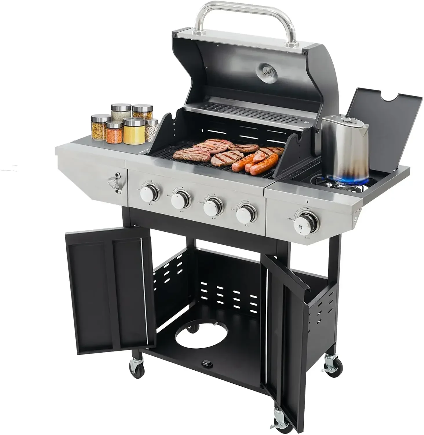 

4-Burners Propane Gas Grill with Side Burner & Thermometer, Stainless Steel Propane Grill for Outdoor BBQ and Camping, Patio Bac