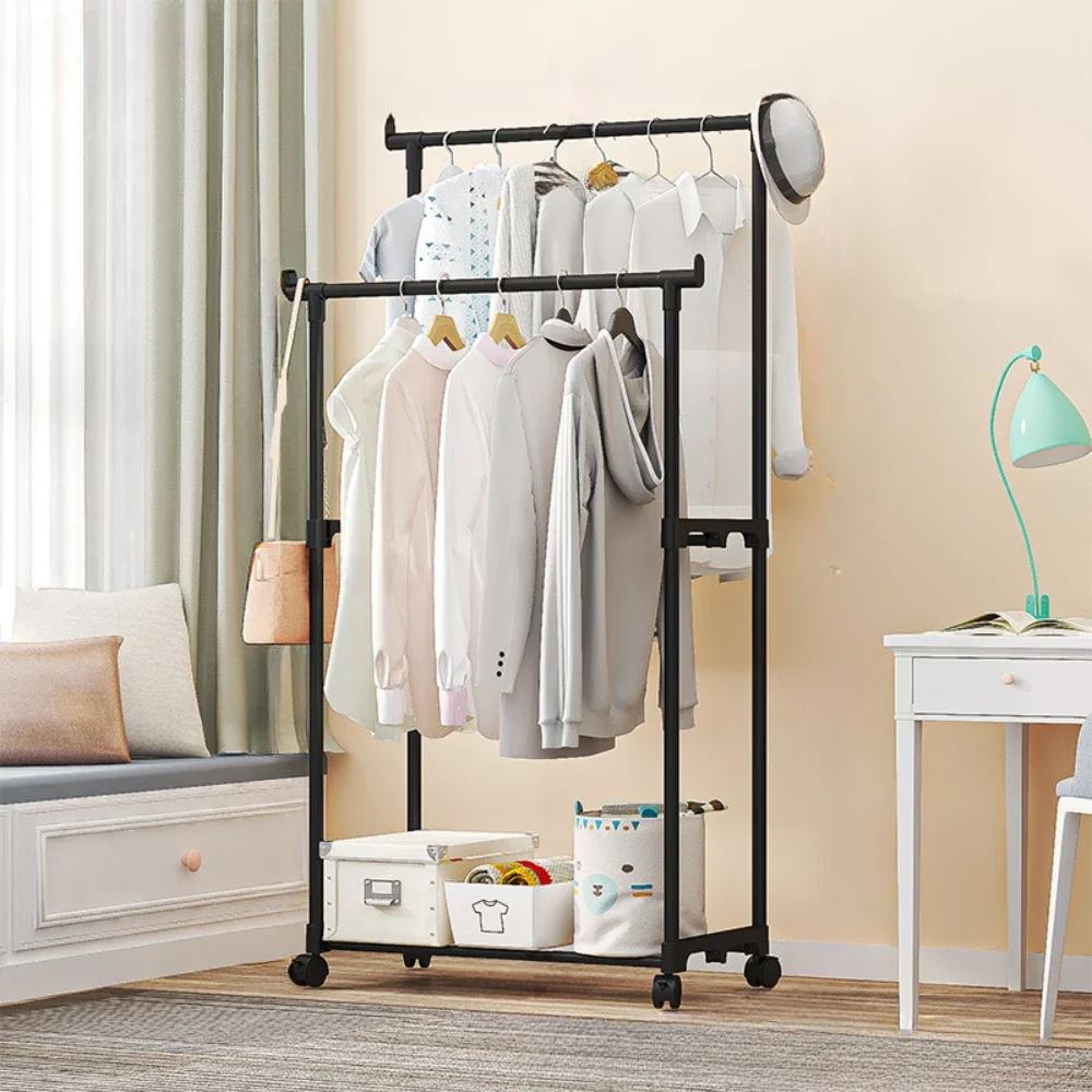 Movable Coat Shelf Organizer Bedroom Double Rod Clothes Rack Rolling Storage Clothes Rack with Wheel Floor Stand Clothing Hanger