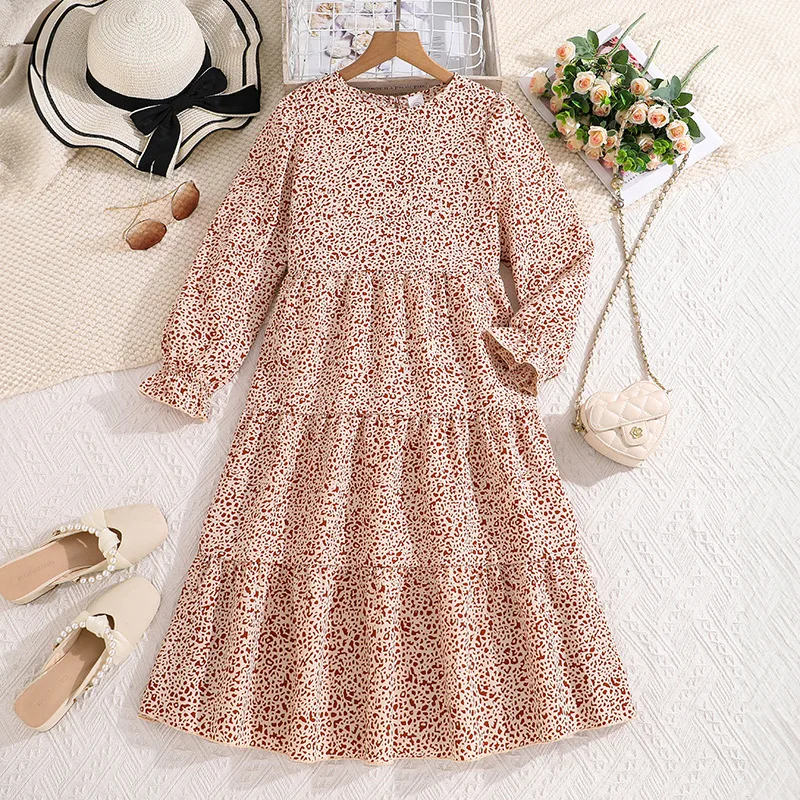 

2024 Winter New Girls Dress Long Sleeve O Neck Print Floral Brown Cute Designer Girls Princess Dress Vestido 8-12T