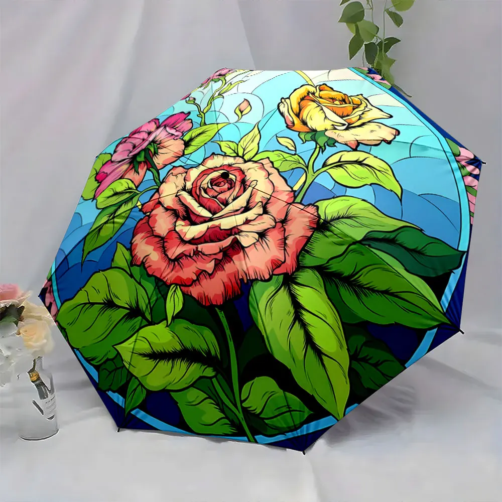 1PC Floral Umbrella with Blooming Roses Design Print 8 Iron Ribs Folding Umbrella Auto-Open Fashion Sunshade
