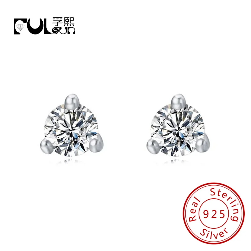 Fulsun 925 Ster Silver Designs Jewelry 3 Prong Setting Single white Stone Big Cz Zirconia Stud Earrings