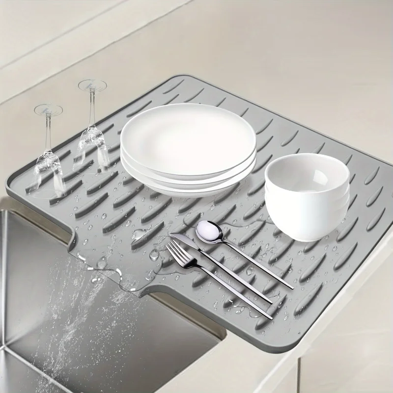 Heat Resistant Silicone Dish Drying Mat Raised Water Guide Groove Drainage Tray Kitchen Sink Countertop Anti-Slip Cup Bowl Plate